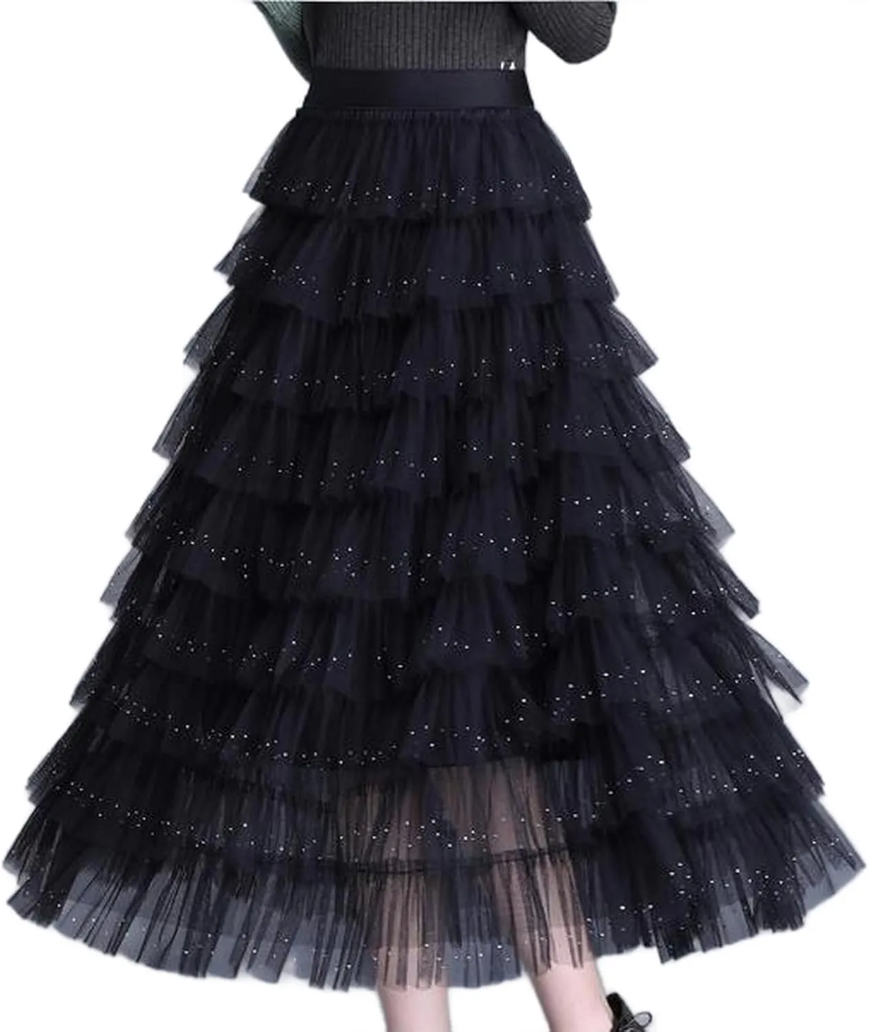 Women Multilayer Ruffles Tulle Skirt Elastic High Waist A-Line Tiered Layered Mesh Puffy Long Skirt
