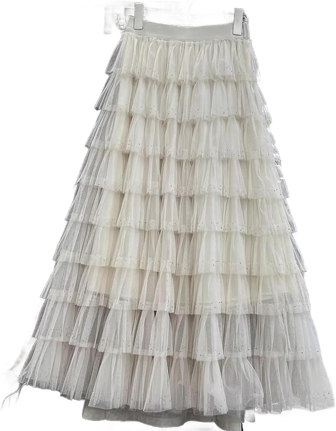 Women Multilayer Ruffles Tulle Skirt Elastic High Waist A-Line Tiered Layered Mesh Puffy Long Skirt