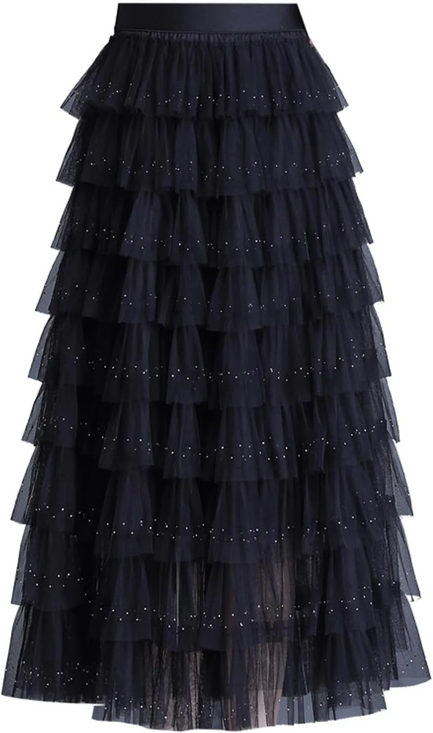 Women Multilayer Ruffles Tulle Skirt Elastic High Waist A-Line Tiered Layered Mesh Puffy Long Skirt