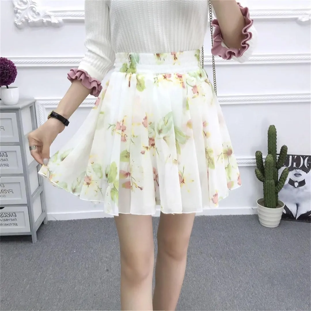 Women Pleated Leisure Chiffon Elegant Floral High Waist Mini Skirt Sweet