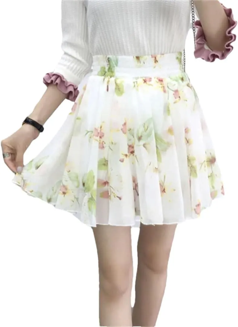 Women Pleated Leisure Chiffon Elegant Floral High Waist Mini Skirt Sweet