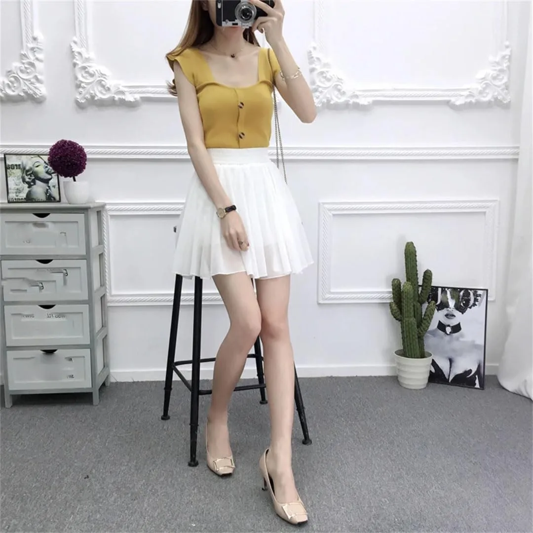 Women Pleated Leisure Chiffon Elegant Floral High Waist Mini Skirt Sweet