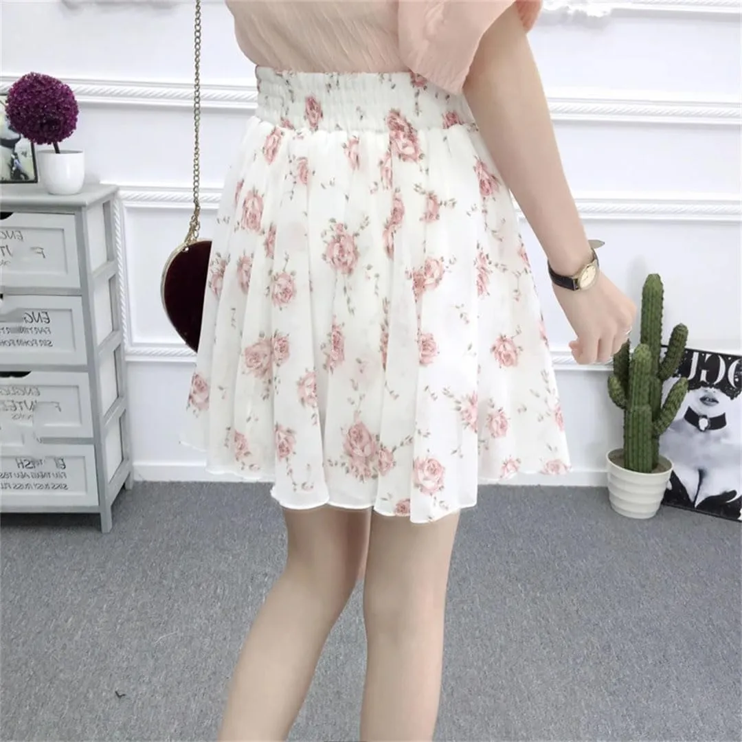 Women Pleated Leisure Chiffon Elegant Floral High Waist Mini Skirt Sweet