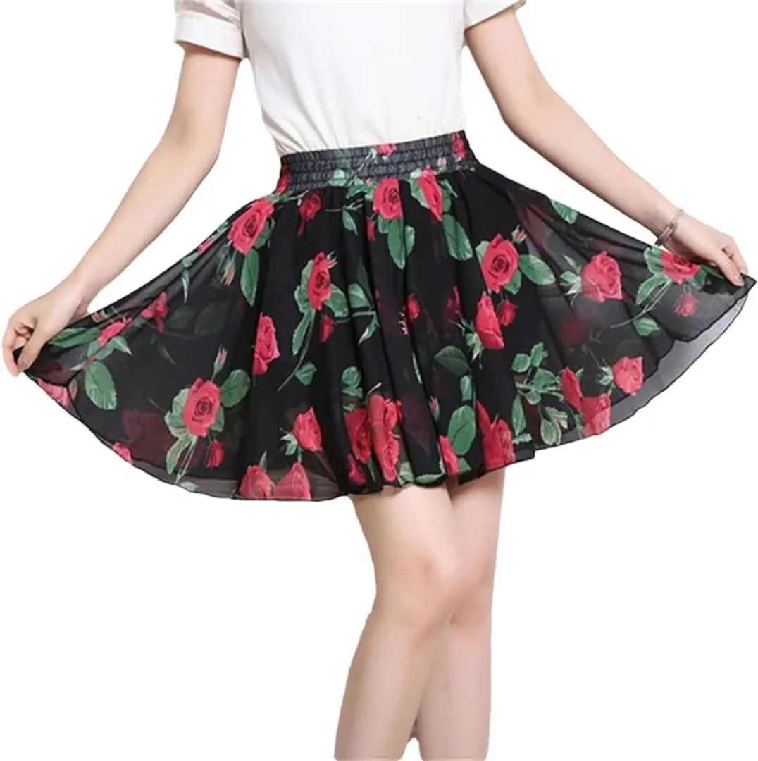 Women Pleated Leisure Chiffon Elegant Floral High Waist Mini Skirt Sweet