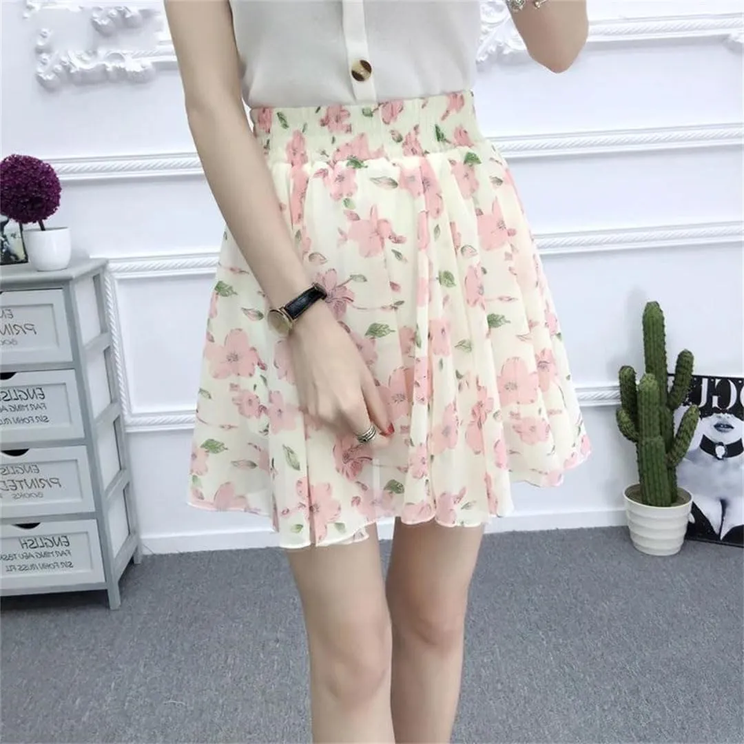 Women Pleated Leisure Chiffon Elegant Floral High Waist Mini Skirt Sweet