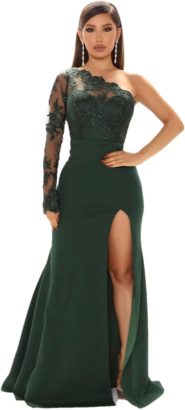 Women Sexy Elegant One Asymmetrical Shoulder Long Lace Dress