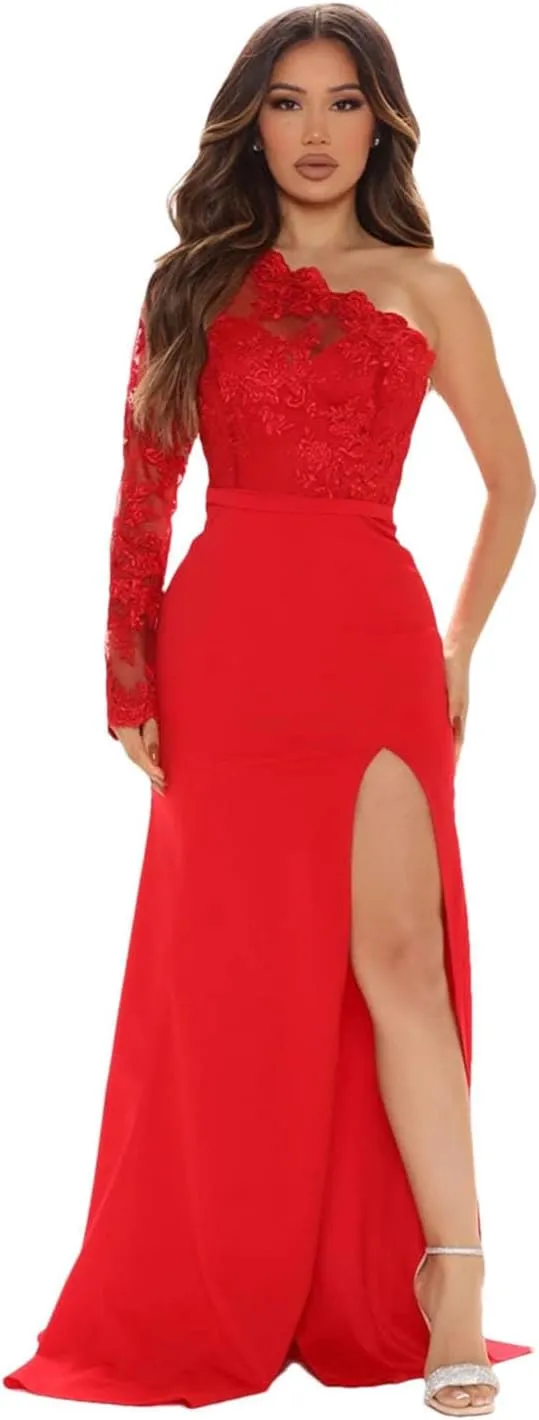 Women Sexy Elegant One Asymmetrical Shoulder Long Lace Dress