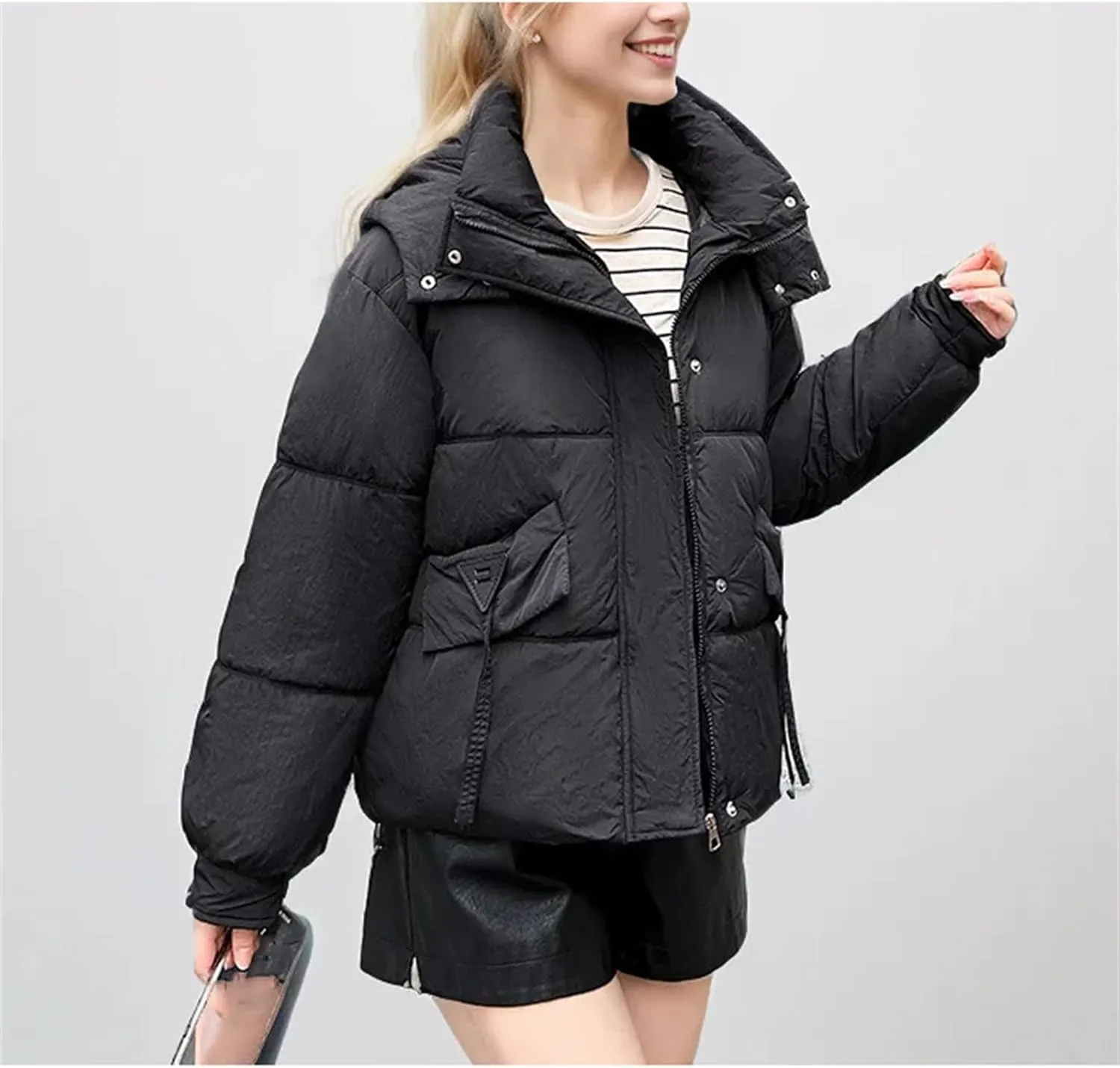 Women Winter Thickened Cotton Coat Cropped Down Jacket Female Hooded Loose-Fit Puffer Jackets