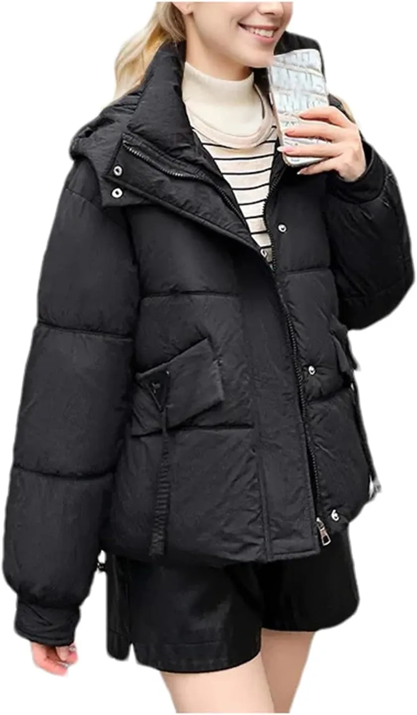 Women Winter Thickened Cotton Coat Cropped Down Jacket Female Hooded Loose-Fit Puffer Jackets