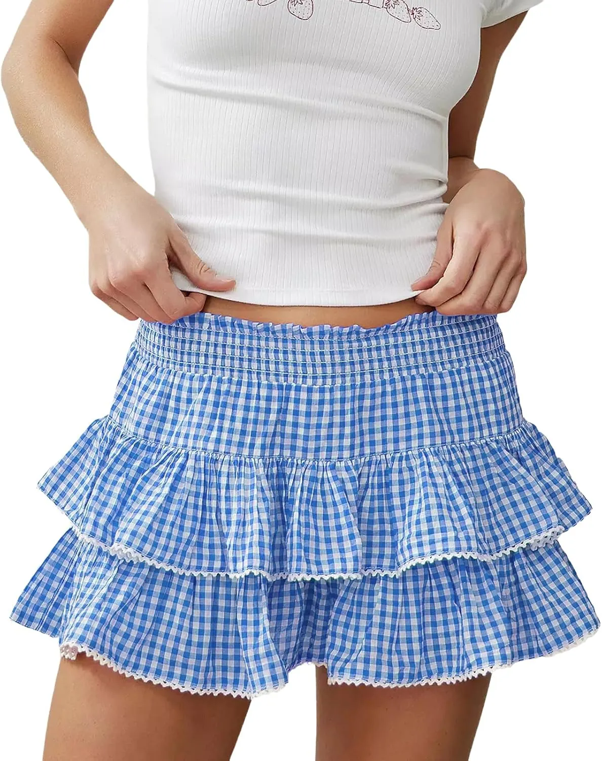 Women Y2K Plaid Mini Skirt Pleated A Line Ruffle Lace Skirts Fairy Low Rise Cute Gingham Short Skirt