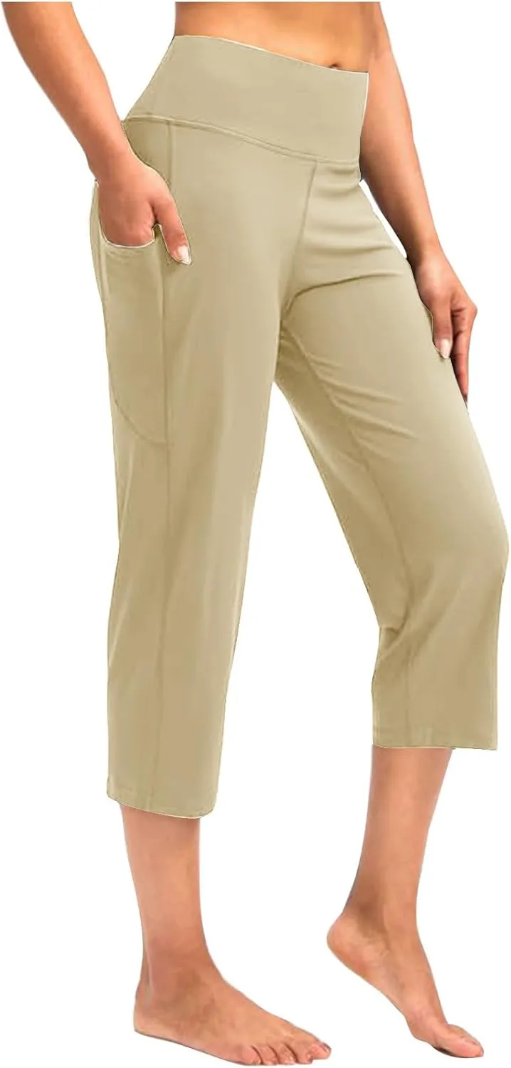 Womens Capri Yoga Pants Tummy Control Athletic Workout Pant Comfortable Stretch Solid High Waist Pants with Pockets