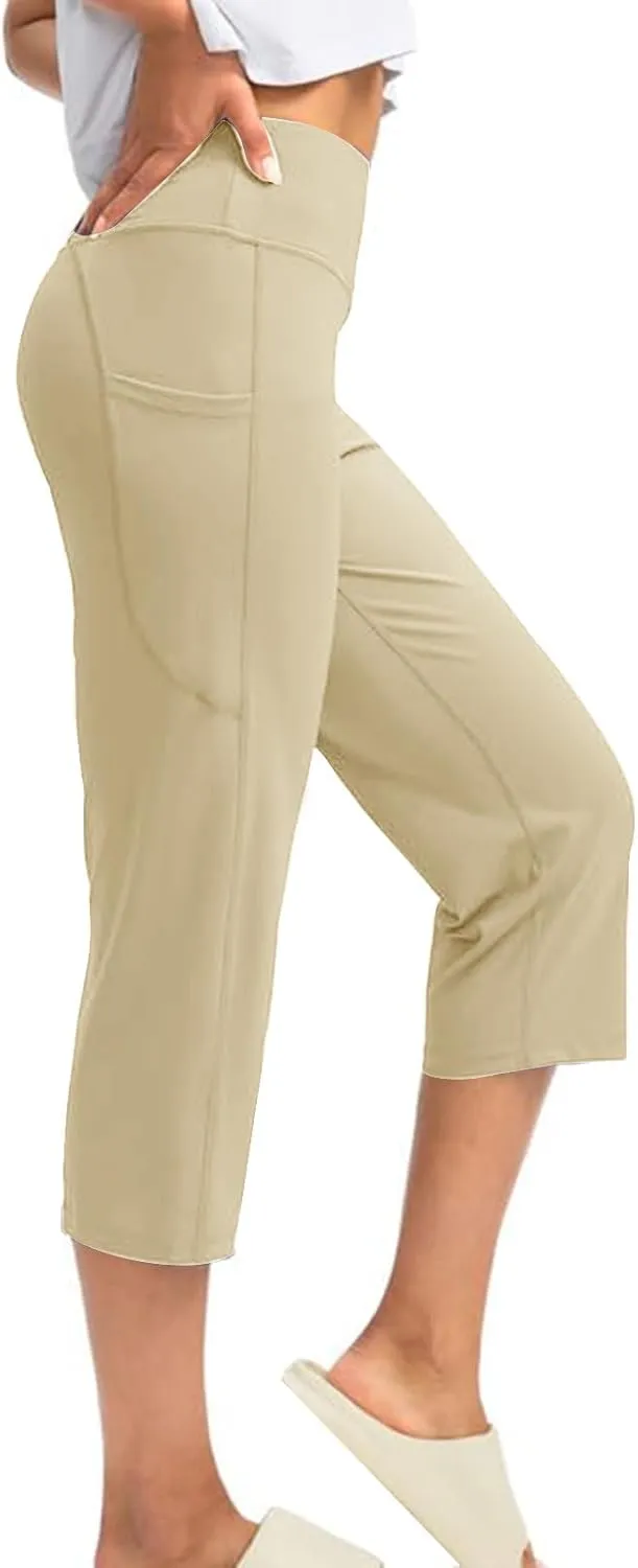 Womens Capri Yoga Pants Tummy Control Athletic Workout Pant Comfortable Stretch Solid High Waist Pants with Pockets