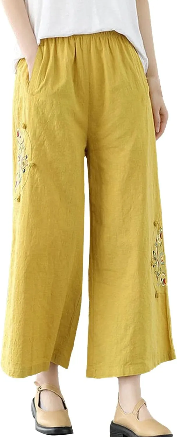 Women's Casual Floral Embroidered Cropped Pants Trendy Lightweight Elastic High Waist Solid Straight Wide Leg Baggy Trousers