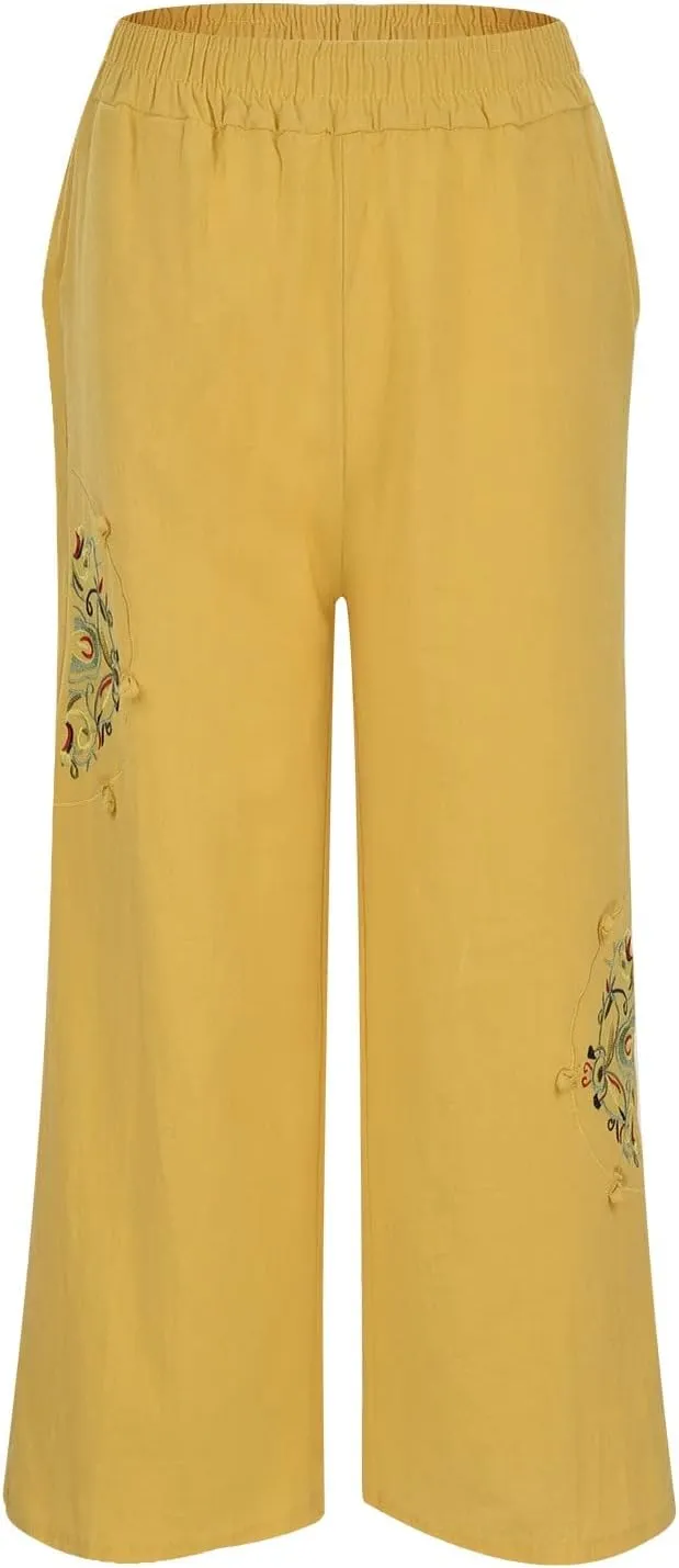 Women's Casual Floral Embroidered Cropped Pants Trendy Lightweight Elastic High Waist Solid Straight Wide Leg Baggy Trousers