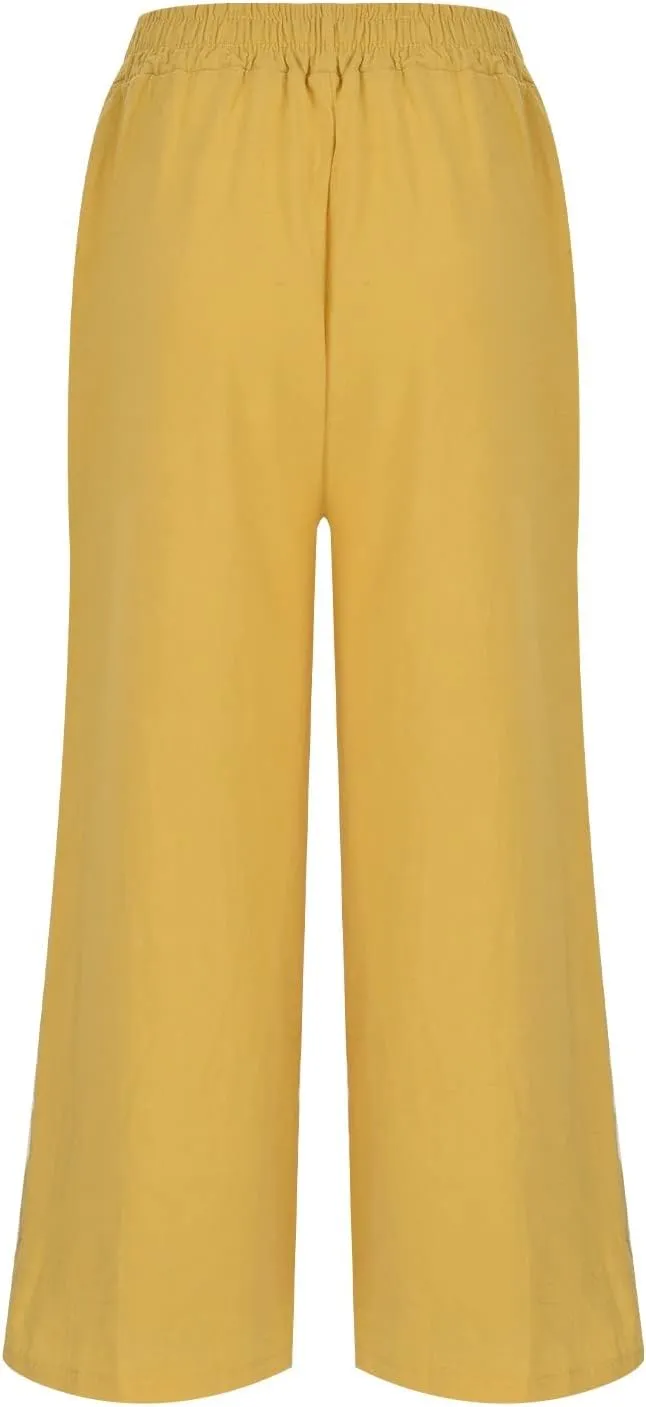 Women's Casual Floral Embroidered Cropped Pants Trendy Lightweight Elastic High Waist Solid Straight Wide Leg Baggy Trousers