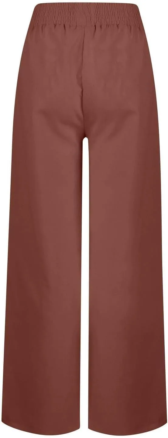 Womens Casual Loose Cotton Linen Trousers High Waisted Elastic Button Pant Wide Leg Daily Comfortable Pant