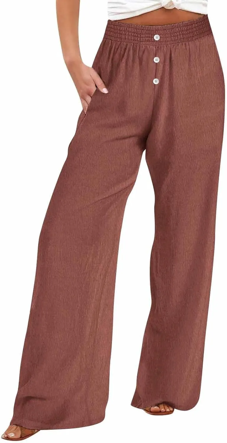 Womens Casual Loose Cotton Linen Trousers High Waisted Elastic Button Pant Wide Leg Daily Comfortable Pant