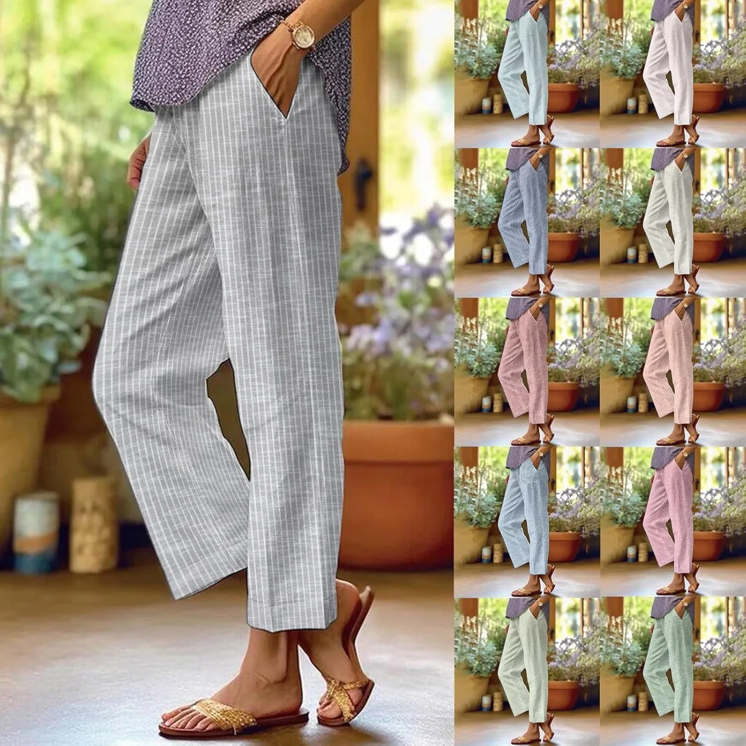 Women's Casual Stripe Cotton Linen Pants Elastic High Waist Straight Leg Pant Summer Boho Capris Beach Trousers with Pockets