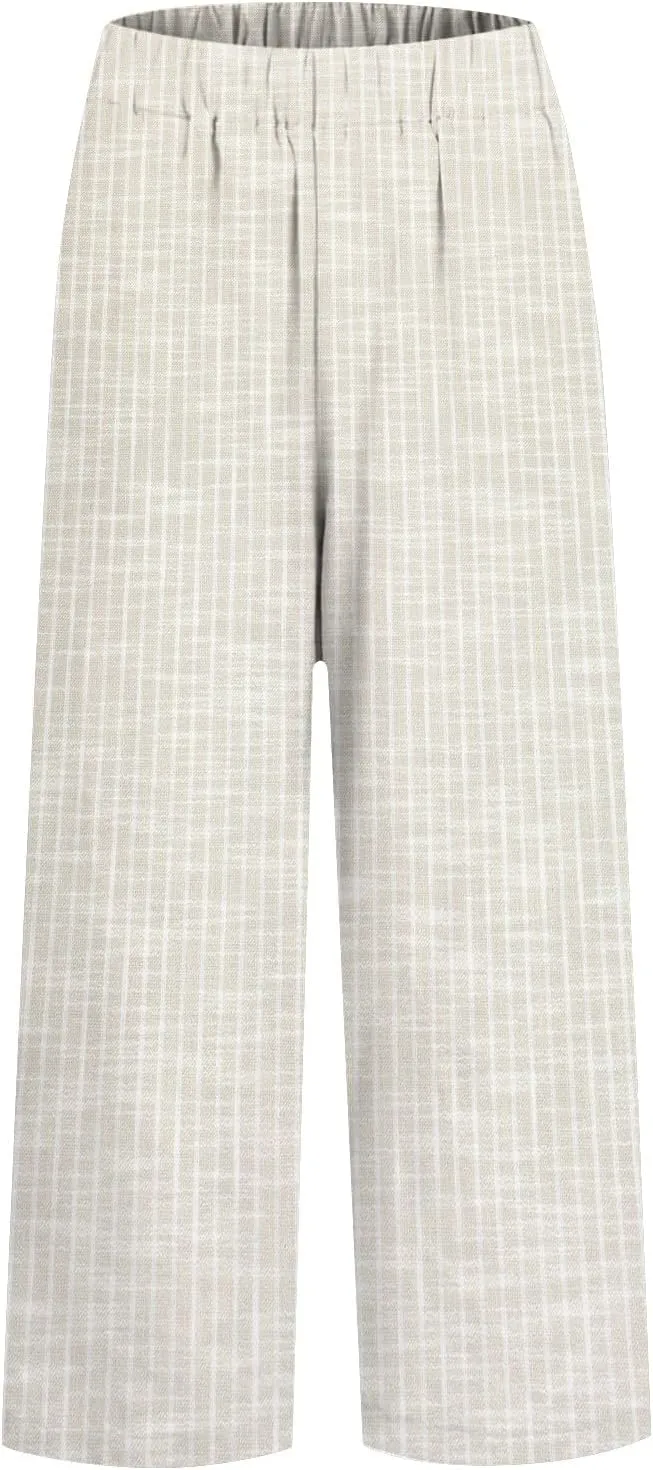 Women's Casual Stripe Cotton Linen Pants Elastic High Waist Straight Leg Pant Summer Boho Capris Beach Trousers with Pockets