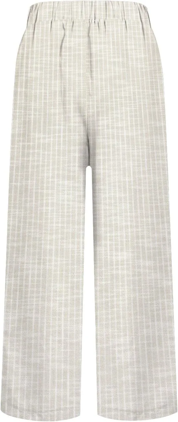 Women's Casual Stripe Cotton Linen Pants Elastic High Waist Straight Leg Pant Summer Boho Capris Beach Trousers with Pockets