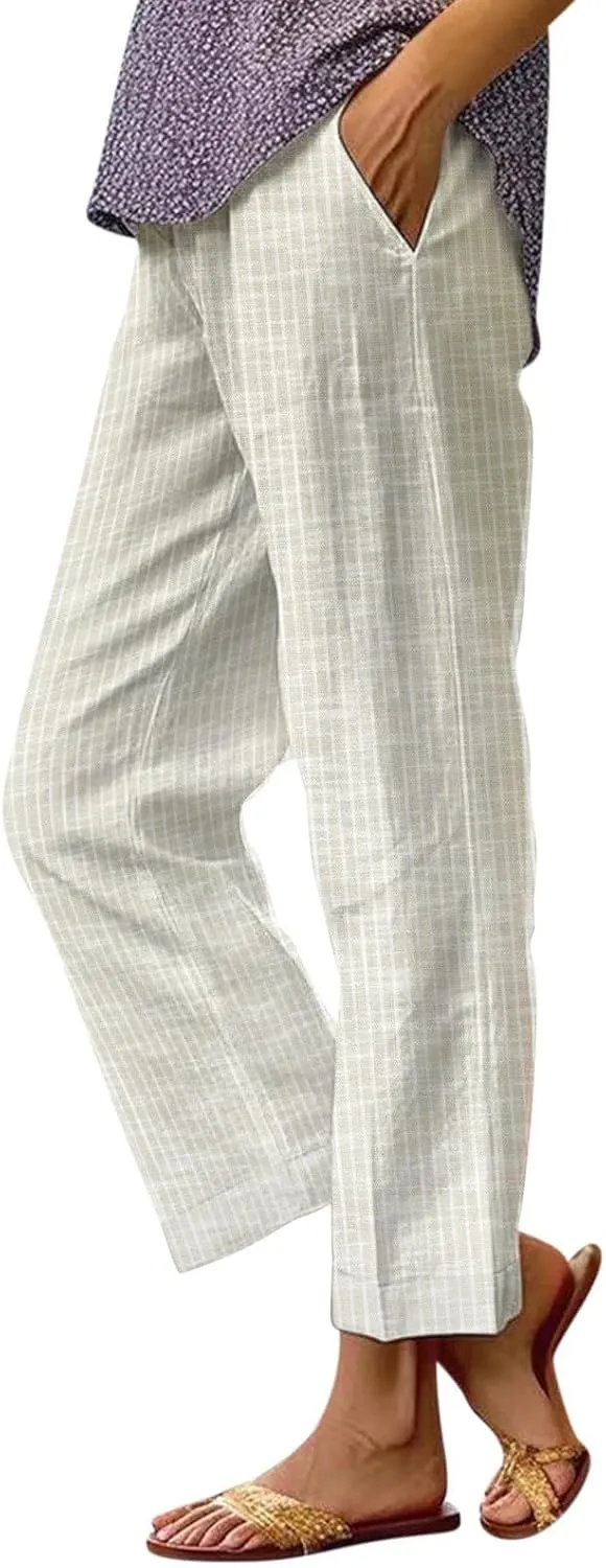 Women's Casual Stripe Cotton Linen Pants Elastic High Waist Straight Leg Pant Summer Boho Capris Beach Trousers with Pockets