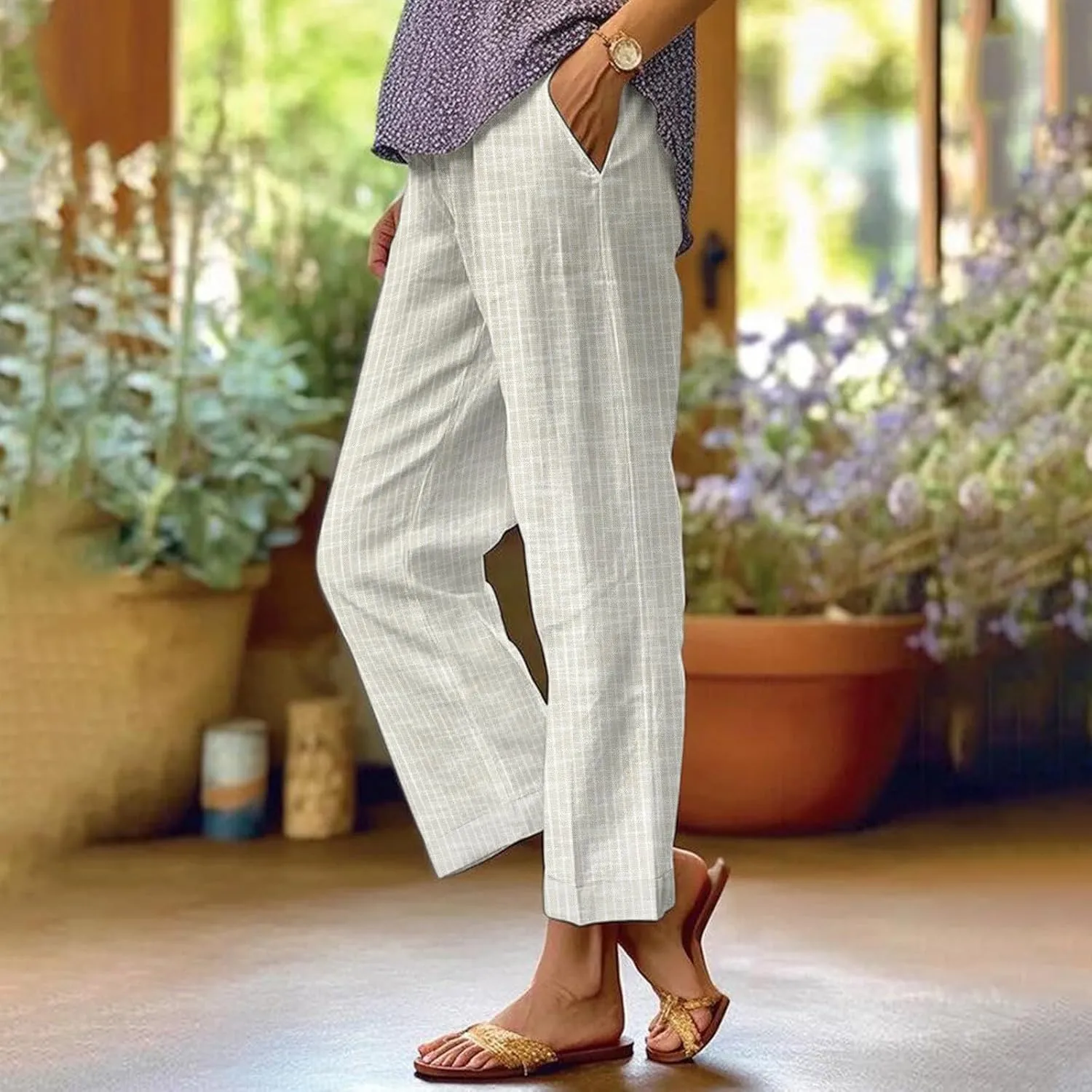 Women's Casual Stripe Cotton Linen Pants Elastic High Waist Straight Leg Pant Summer Boho Capris Beach Trousers with Pockets