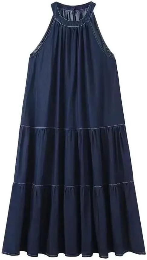 Women's Dress Off-Shoulder Neckline Midi Dress Loose Fit Deep Blue Denim Skirt Elegant Sensation