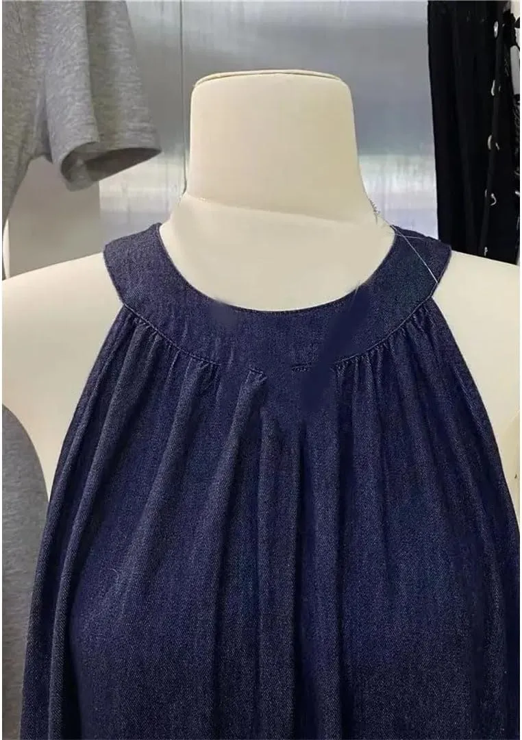Women's Dress Off-Shoulder Neckline Midi Dress Loose Fit Deep Blue Denim Skirt Elegant Sensation
