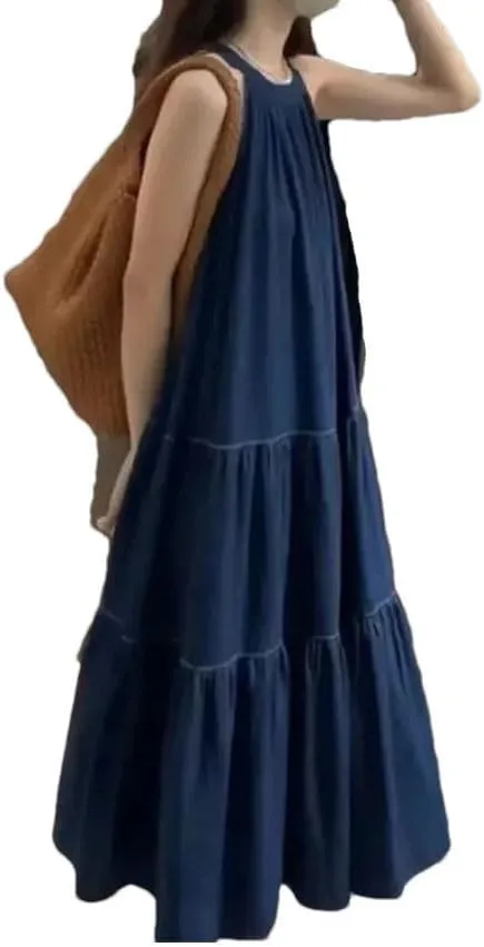 Women's Dress Off-Shoulder Neckline Midi Dress Loose Fit Deep Blue Denim Skirt Elegant Sensation