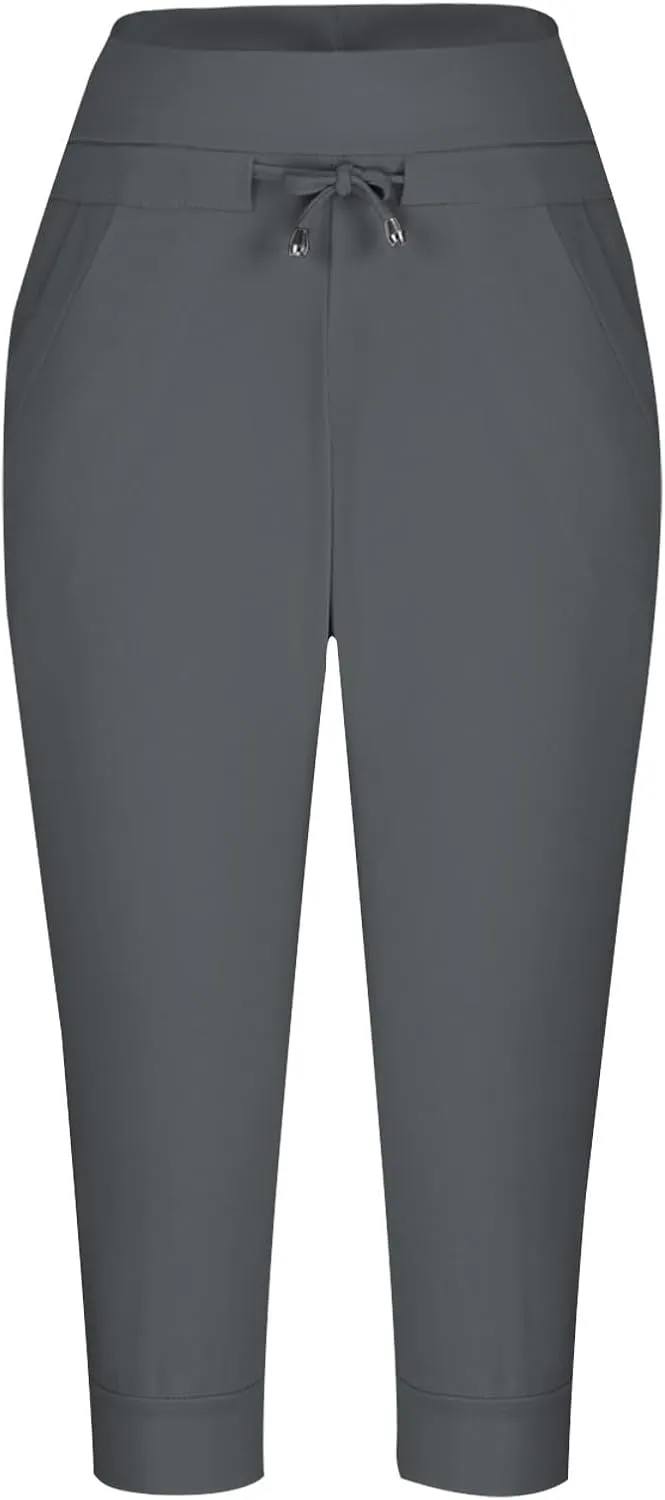 Women's Elastic High Waist Cropped Trousers Drawstring Straight Leg Joggers Workout Casual Capris Slim Yoga Pants