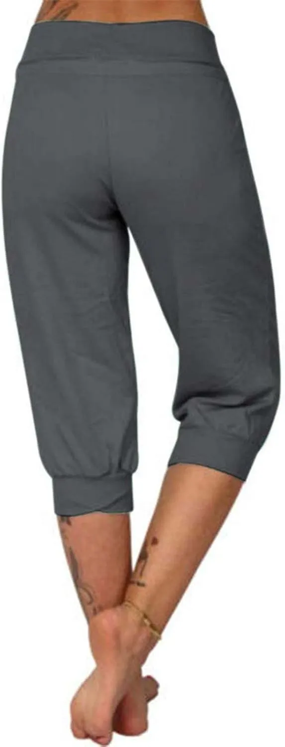 Women's Elastic High Waist Cropped Trousers Drawstring Straight Leg Joggers Workout Casual Capris Slim Yoga Pants