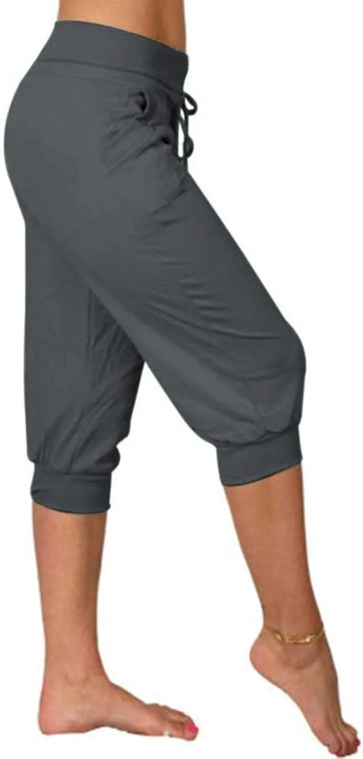 Women's Elastic High Waist Cropped Trousers Drawstring Straight Leg Joggers Workout Casual Capris Slim Yoga Pants