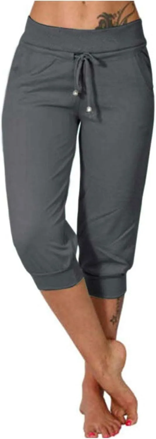 Women's Elastic High Waist Cropped Trousers Drawstring Straight Leg Joggers Workout Casual Capris Slim Yoga Pants