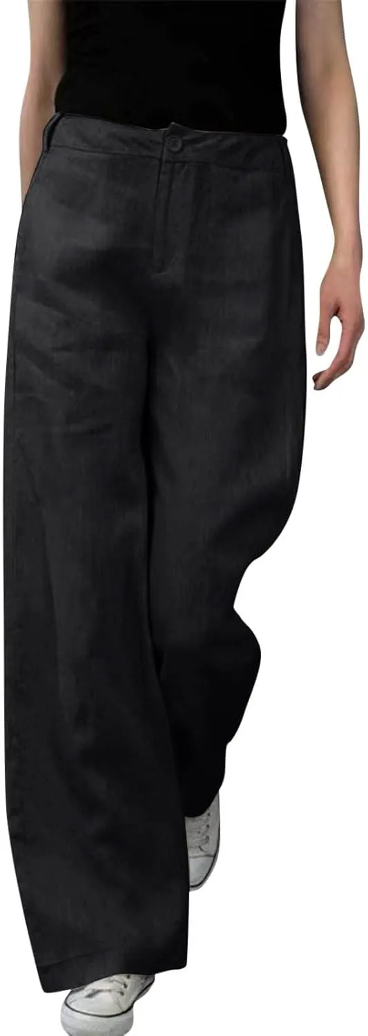 Womens Linen Pants Soft Solid High Waisted Wide Leg Cotton Lounge Pants Casual Loose Fit Straight Leg Trousers with Pockets