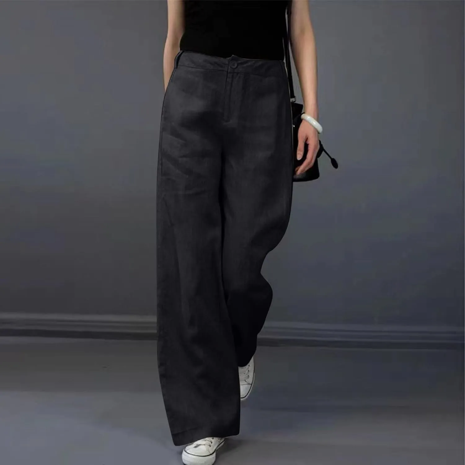 Womens Linen Pants Soft Solid High Waisted Wide Leg Cotton Lounge Pants Casual Loose Fit Straight Leg Trousers with Pockets