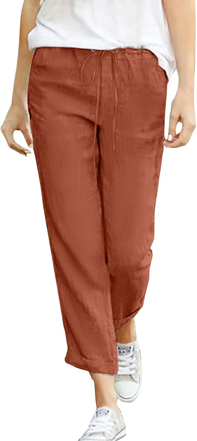 Women's Linen Summer Trousers 7/8 Casual Lightweight Cotton Linen Trousers Comfortable Beach Pants with Pockets