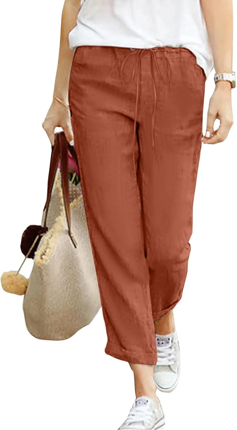Women's Linen Summer Trousers 7/8 Casual Lightweight Cotton Linen Trousers Comfortable Beach Pants with Pockets