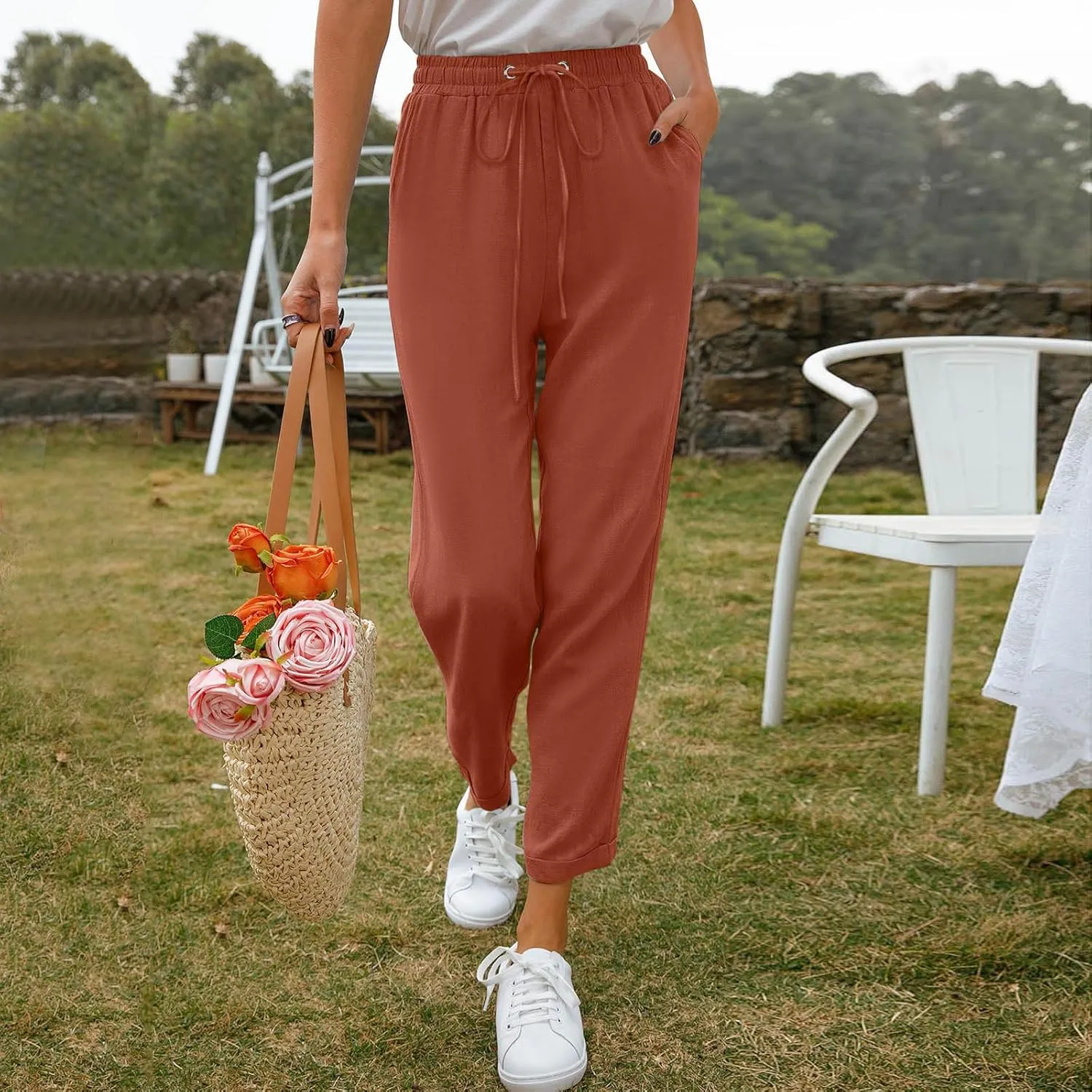 Women's Linen Summer Trousers 7/8 Casual Lightweight Cotton Linen Trousers Comfortable Beach Pants with Pockets