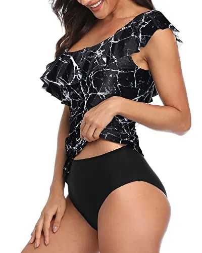 Women's One Shoulder Tankini Tummy Control Bathing Suits Ruffle Swimwear-Black Marble