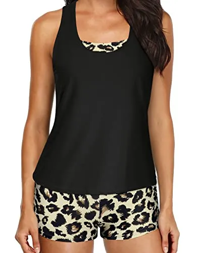 Women's Slimming Swimsuit Bra & Mid Waist Boyleg Bottoms-Black And Leopard