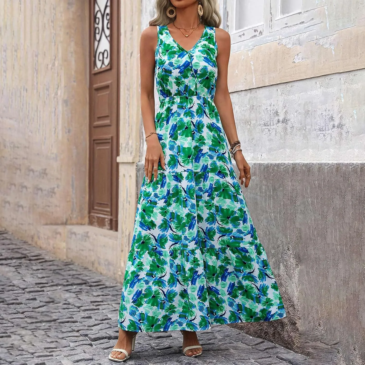 Womens Summer Floral Maxi Dress Sleeveless Wrap V Neck Flowy Dress Boho Elegant Beach Long Dress Wedding Guest Dress