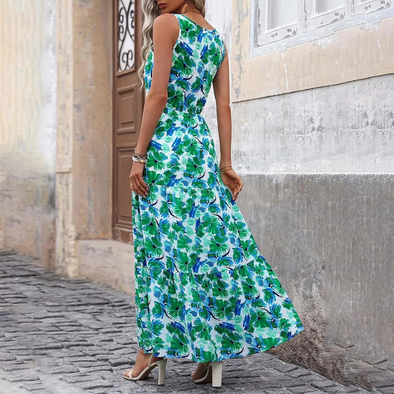 Womens Summer Floral Maxi Dress Sleeveless Wrap V Neck Flowy Dress Boho Elegant Beach Long Dress Wedding Guest Dress