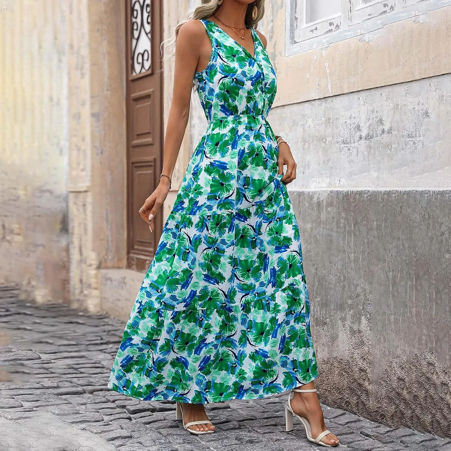 Womens Summer Floral Maxi Dress Sleeveless Wrap V Neck Flowy Dress Boho Elegant Beach Long Dress Wedding Guest Dress