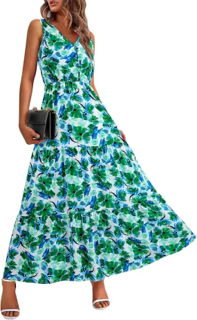 Womens Summer Floral Maxi Dress Sleeveless Wrap V Neck Flowy Dress Boho Elegant Beach Long Dress Wedding Guest Dress